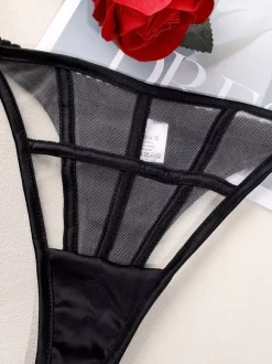 Lace Lingerie Black Strappy Cage Bra Panty Garter Belt Sets