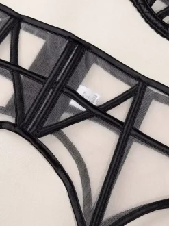 Lace Lingerie Black Strappy Cage Bra Panty Garter Belt Sets