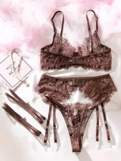 Lace Lingerie Brown Garter Bra Panty 3-Piece Sets