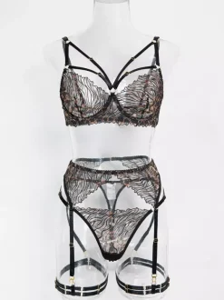 Lace Lingerie Lace Adjustable Lace Up Black Bra Panty 4-Piece Sets