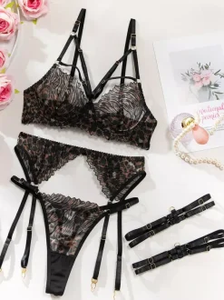 Lace Lingerie Lace Adjustable Lace Up Black Bra Panty 4-Piece Sets