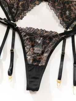 Lace Lingerie Lace Adjustable Lace Up Black Bra Panty 4-Piece Sets