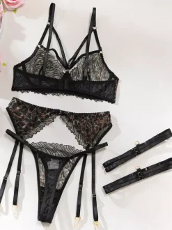 Lace Lingerie Lace Adjustable Lace Up Black Bra Panty 4-Piece Sets