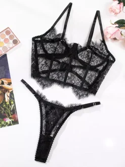 Lace Lingerie Ruffled Black 2-Piece Bra Panty Sets