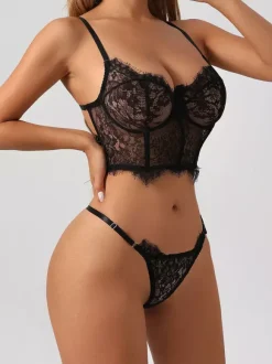 Lace Lingerie Ruffled Black 2-Piece Bra Panty Sets