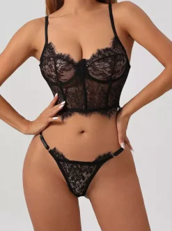 Lace Lingerie Ruffled Black 2-Piece Bra Panty Sets