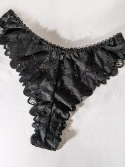 Lace Lingerie Ruffled Cut Out Black 2-Piece Bra Panty Sets