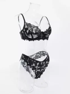 Lace Lingerie Ruffled Cut Out Black 2-Piece Bra Panty Sets