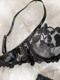 Lace Lingerie Ruffled Cut Out Black 2-Piece Bra Panty Sets