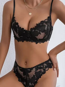 Lace Lingerie Ruffled Cut Out Black 2-Piece Bra Panty Sets