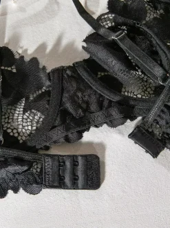 Lace Lingerie Ruffled Cut Out Black 2-Piece Bra Panty Sets