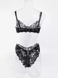 Lace Lingerie Ruffled Cut Out Black 2-Piece Bra Panty Sets
