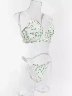 Lace Lingerie Sheer Floral Print Green 2-Piece Bra Panty Sets