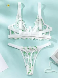 Lace Lingerie Sheer Floral Print Green 2-Piece Bra Panty Sets