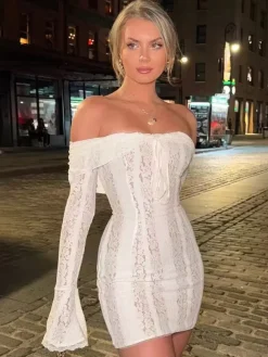 Lace Off Shoulder Long Sleeve Flare Cuff Bodycon Mini Dress For Women 2026