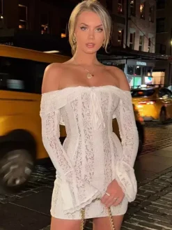 Lace Off Shoulder Long Sleeve Flare Cuff Bodycon Mini Dress For Women 2026