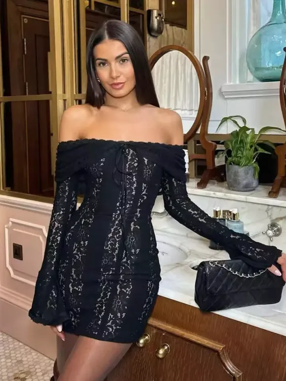 Lace Off Shoulder Long Sleeve Flare Cuff Bodycon Mini Dress For Women 2026