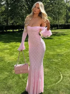 Lace Off Shoulder Maxi Dress For Women - Elegant Trumpet Long Sleeves Mermaid Gown - Spring Formal Evening Party 2026