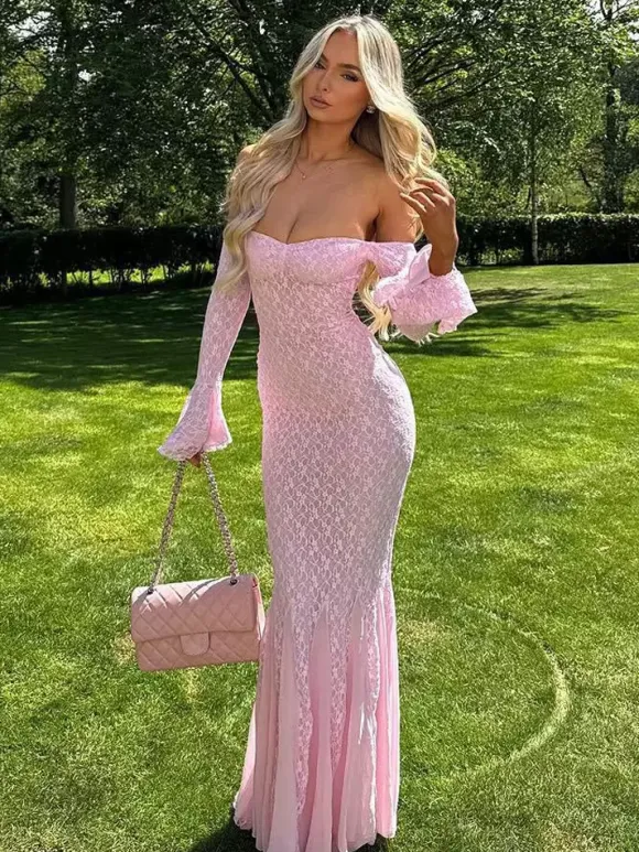 Lace Off Shoulder Maxi Dress For Women - Elegant Trumpet Long Sleeves Mermaid Gown - Spring Formal Evening Party 2026