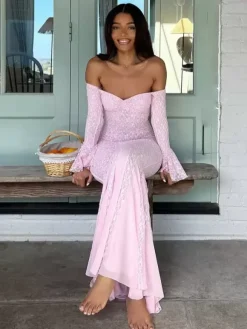 Lace Off Shoulder Maxi Dress For Women - Elegant Trumpet Long Sleeves Mermaid Gown - Spring Formal Evening Party 2026