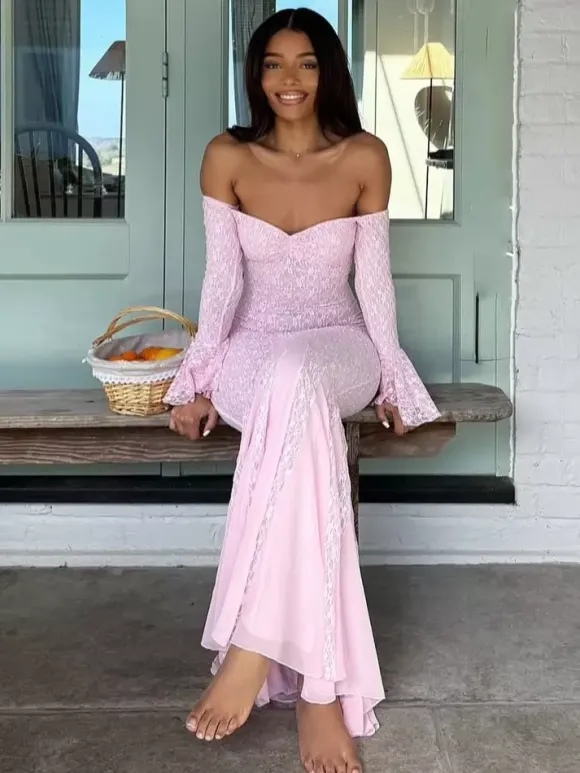 Lace Off Shoulder Maxi Dress For Women - Elegant Trumpet Long Sleeves Mermaid Gown - Spring Formal Evening Party 2026