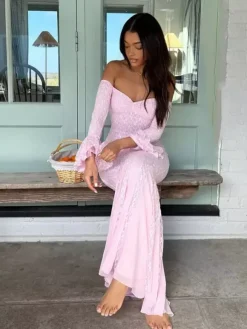 Lace Off Shoulder Maxi Dress For Women - Elegant Trumpet Long Sleeves Mermaid Gown - Spring Formal Evening Party 2026