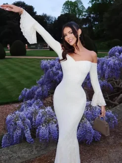 Lace Off Shoulder Maxi Dress For Women - Elegant Trumpet Long Sleeves Mermaid Gown - Spring Formal Evening Party 2026
