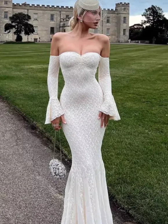 Lace Off Shoulder Maxi Dress For Women - Elegant Trumpet Long Sleeves Mermaid Gown - Spring Formal Evening Party 2026