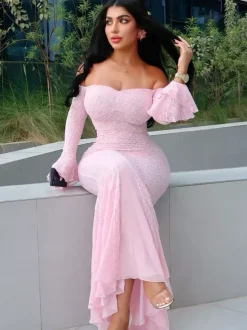 Lace Off Shoulder Maxi Dress For Women - Elegant Trumpet Long Sleeves Mermaid Gown - Spring Formal Evening Party 2026