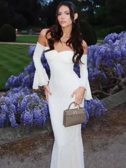 Lace Off Shoulder Maxi Dress For Women - Elegant Trumpet Long Sleeves Mermaid Gown - Spring Formal Evening Party 2026