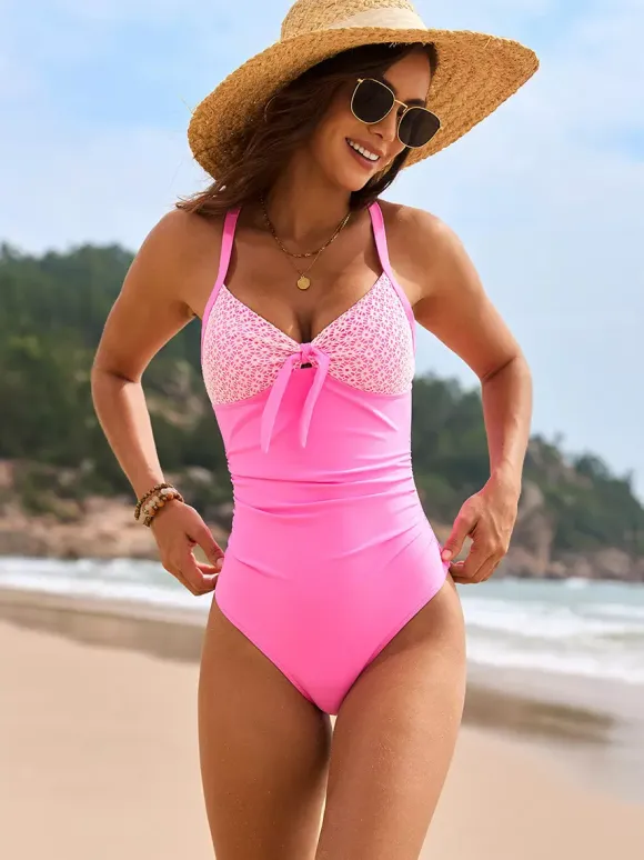 Lace Panel V-neck One-piece Swimsuit For Summer 2026