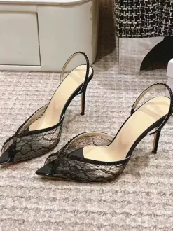 Lace Party Shoes Peep Toe Black Rhinestones Slingback High Heel Party Shoes