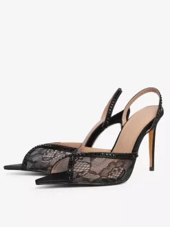 Lace Party Shoes Peep Toe Black Rhinestones Slingback High Heel Party Shoes