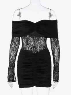 Lace Patchwork Bodycon Dress For Women - Off Shoulder Long Sleeve Ruched Sexy Mini Gown - Spring Night Out Clubwear 2026