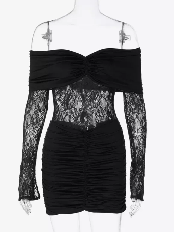 Lace Patchwork Bodycon Dress For Women - Off Shoulder Long Sleeve Ruched Sexy Mini Gown - Spring Night Out Clubwear 2026