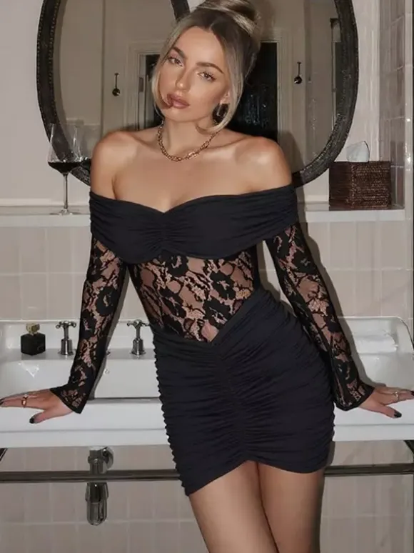 Lace Patchwork Bodycon Dress For Women - Off Shoulder Long Sleeve Ruched Sexy Mini Gown - Spring Night Out Clubwear 2026