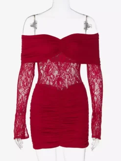 Lace Patchwork Bodycon Dress For Women - Off Shoulder Long Sleeve Ruched Sexy Mini Gown - Spring Night Out Clubwear 2026