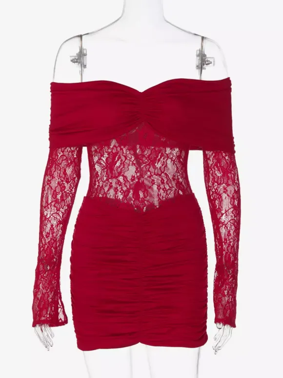 Lace Patchwork Bodycon Dress For Women - Off Shoulder Long Sleeve Ruched Sexy Mini Gown - Spring Night Out Clubwear 2026