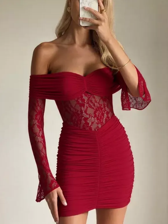 Lace Patchwork Bodycon Dress For Women - Off Shoulder Long Sleeve Ruched Sexy Mini Gown - Spring Night Out Clubwear 2026