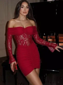 Lace Patchwork Bodycon Dress For Women - Off Shoulder Long Sleeve Ruched Sexy Mini Gown - Spring Night Out Clubwear 2026