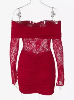 Lace Patchwork Bodycon Dress For Women - Off Shoulder Long Sleeve Ruched Sexy Mini Gown - Spring Night Out Clubwear 2026