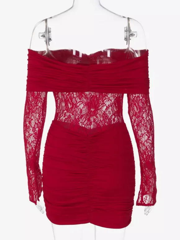 Lace Patchwork Bodycon Dress For Women - Off Shoulder Long Sleeve Ruched Sexy Mini Gown - Spring Night Out Clubwear 2026