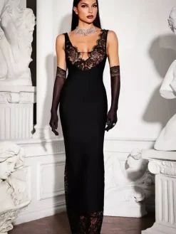 Lace Patchwork Maxi Dress For Women - Sexy V Neck Bodycon Baddie Sleeveless Gown - Summer Clubwear Party Night 2026