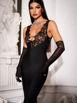 Lace Patchwork Maxi Dress For Women - Sexy V Neck Bodycon Baddie Sleeveless Gown - Summer Clubwear Party Night 2026