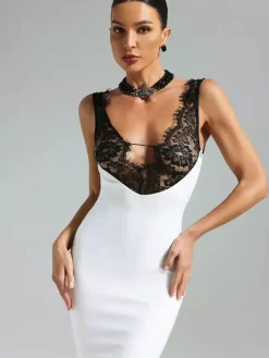 Lace Patchwork Maxi Dress For Women - Sexy V Neck Bodycon Baddie Sleeveless Gown - Summer Clubwear Party Night 2026