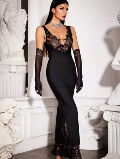 Lace Patchwork Maxi Dress For Women - Sexy V Neck Bodycon Baddie Sleeveless Gown - Summer Clubwear Party Night 2026