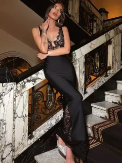 Lace Patchwork Maxi Dress For Women - Sexy V Neck Bodycon Baddie Sleeveless Gown - Summer Clubwear Party Night 2026