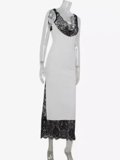 Lace Patchwork Maxi Dress For Women - Sexy V Neck Bodycon Baddie Sleeveless Gown - Summer Clubwear Party Night 2026
