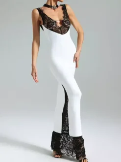 Lace Patchwork Maxi Dress For Women - Sexy V Neck Bodycon Baddie Sleeveless Gown - Summer Clubwear Party Night 2026