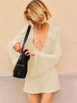 Lace Patchwork Mini Dress For Women - Deep V Neck Flare Sleeve Empire Waist Short Sundress - Spring Beach Date Night 2026